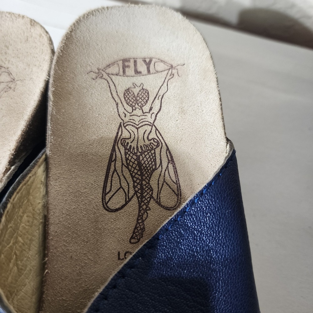 Fly London Navy Blue Leather Cross Strap Wedge Slide Sandals Womens 41 US 10 - Picture 5 of 10
